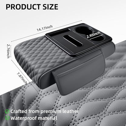 5-in-1 Car Center Console Armrest Cover Pad, Multifunctional Car Arm Rest Organizer with Cup Holder, Tissue Slot & Side Storage Pockets, Soft Leather Auto Armrest Cushion, Grey (Grey)