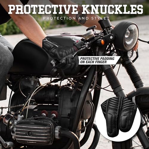 Leather Motorcycle Motorbike Knuckle Protection Powersports Gloves (Black/Zip / Large)