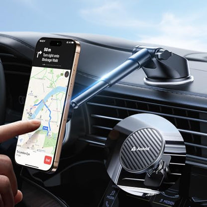 Military Grade】andobil 3 in1 Magnetic Phone Holder for Car Dashboard Windshield Vent 【Upgrade Suction & Strongest Magnet】Retractable for MagSafe Car Mount Mats for iPhone 17 16 15 14 Pro Max Sumsung (dashboard-black)