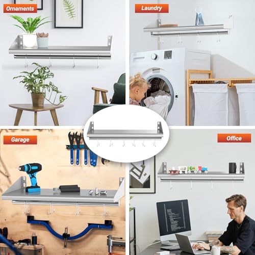 12"x36" Stainless Steel Wall Mount Floating Shelving with 6 Hooks (12" x 36" / 1 Piece)