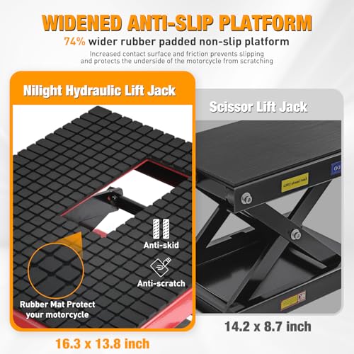 Motorcycle Lift Table Jack 300 LBS Heavy Duty Hydraulic Motorcycle Scissor Jack Lifts Table Foot Pedal with 4 Caster Wheels Wide Deck for Motorbike Dirt Bike ATV Garage Repair Tool (Red Hydraulic Lift Table)