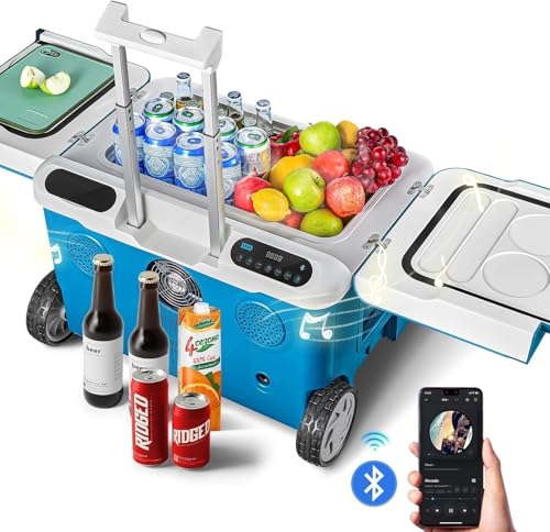 Car Fridge 40Quart（36L） Portable 12 Volt Car Refrigerator Cooler with Wheels&Bluetooth Speaker&Handle&Battery Powered (36L / Blue)