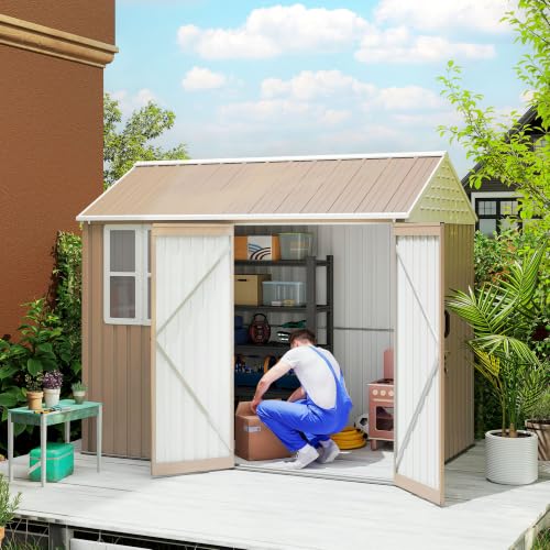 8' x 6' Outdoor Storage Shed Metal Garden Shed Window Brown (8' x 6' / Brown)