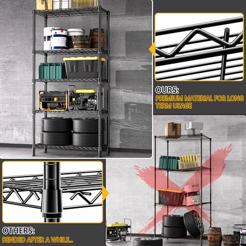 1250 lbs 5 Tier Shelf Metal Storage Shelves Shelving Wire Rack Heavy Duty Closet Organizers for Garage Kitchen Bathroom Laundry Black 15.7" D x 33.5" W x 68.5" H (5 tier, 15.7" D x 33.5" W x 68.5" H / Black)