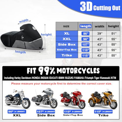 Motorcycle Cover 420D Heavy Duty All Season Universal Weather Waterproof Outdoor Protection 86" XL Vehicle Cover (Gray / 86" - XL)