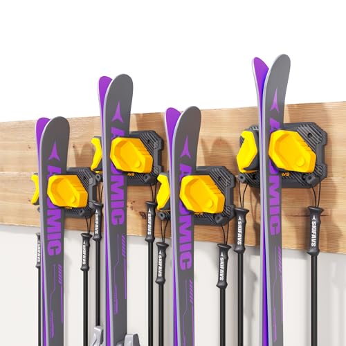 Ski & Snowboard Wall Rack for Garage Wall Fits Any Ski (Lemon Yellow / 4 Pack)