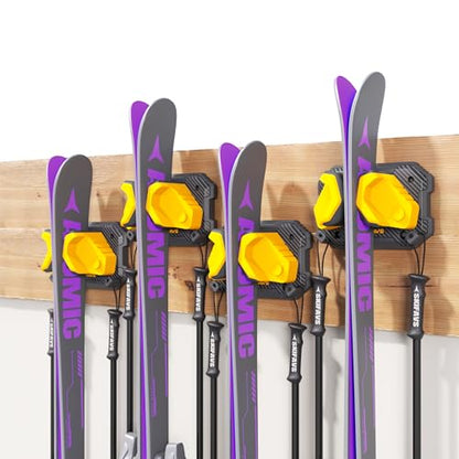Ski & Snowboard Wall Rack for Garage Wall Fits Any Ski (Lemon Yellow / 4 Pack)