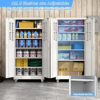 71" White Metal Storage Cabinet with Wheels (White / 16"D x 32"W x 71"H)