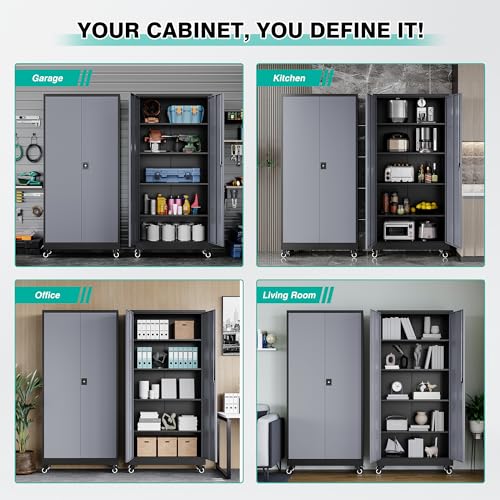 75" Tall Metal Storage Cabinet with Wheels (75"H x 31.5"W x 16"D / Black Gray)