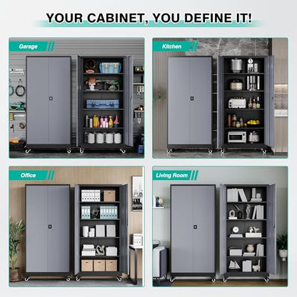 75" Tall Metal Storage Cabinet with Wheels (75"H x 31.5"W x 16"D / Black Gray)