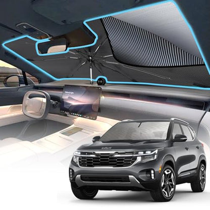 2025 Upgrade] Windshield Sun Shade Umbrella (61 x 31 in / Black+Sliver)