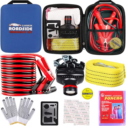 Car Roadside Emergency Kit with Jumper Cables Headlamp Car Safety Kits (Blue)