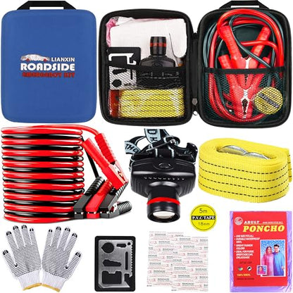 Car Roadside Emergency Kit with Jumper Cables Headlamp Car Safety Kits (Blue)