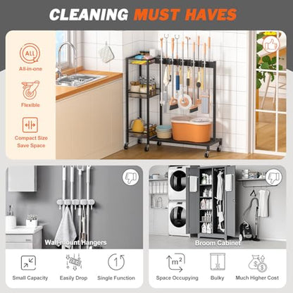 Broom Holder with Cleaning Supplies Organizer (Large)