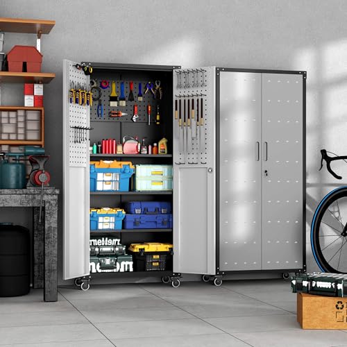 Metal Storage Cabinet for Garage (Black & Gray / L - 2 Doors & Pegboard (Wheeled))