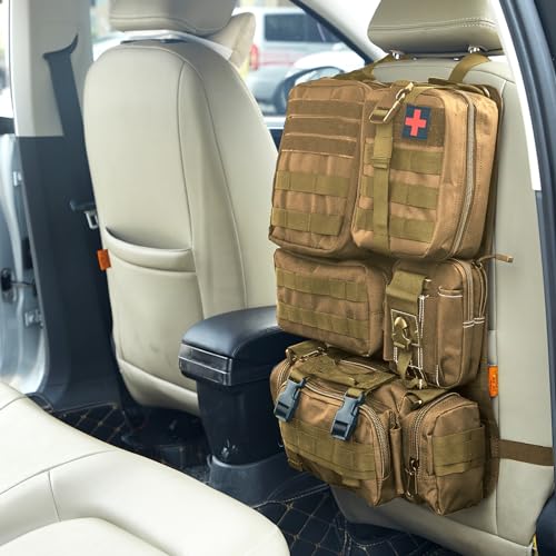 Universal Tactical Seat Back Organizer Vehicle Molle Panel Organizer Storage Bag with 5 Detachable Molle Pouch for All Vehicel Such as Jeep (A model-Khaki)