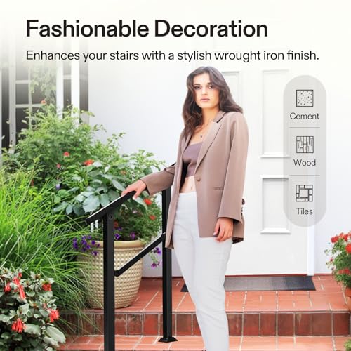 2 Step Stair Handrail 26"x36" Wrought Iron Porch Railing Black (Black / 2 Steps)