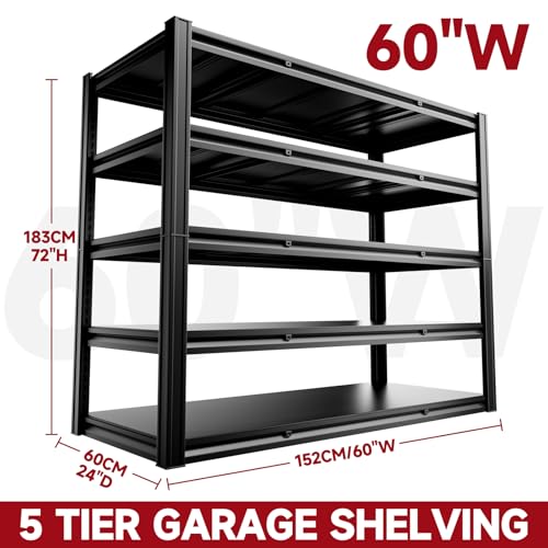 5 Tier 60" W x 24" D x 72" H Garage Shelving Units 3000LBS Shelves Garage Heavy Duty Metal Shelf Unit Adjustable Basement Industrial Storage Racks (Black-hidden Hole / 60"W x 24"D x 72"H)