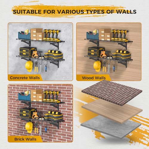 2 Pack Garage Wall Shelving with 4 Hooks (2 pack-1x4ft with 4 hooks)