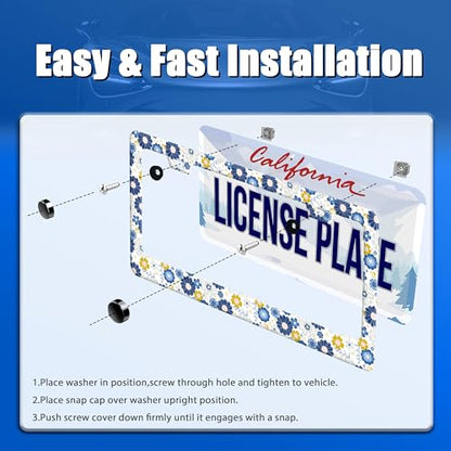 White Blue Hippie Flowers License Plate Frame Colorful Floral License Plate Holder Funny Car Accessory Decoration 12.3"x6.3" for Women (White Blue Hippie Flowers)