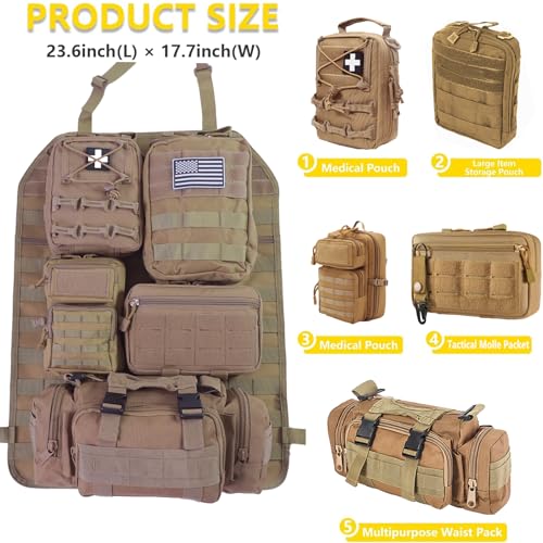 Universal Tactical Seat Back Organizer Vehicle Molle Panel Organizer Storage Bag with 5 Detachable Molle Pouch for All Vehicel Such as Jeep (Upgraded-B-Khaki)