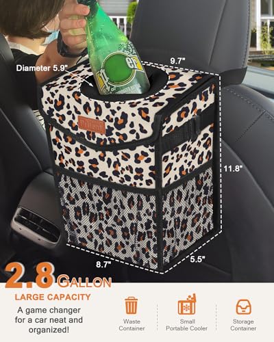 Car Trash Can with Lid Leakproof Car Garbage Bag Vehicle Trash Bin (2.8 Gallons / Leopard)