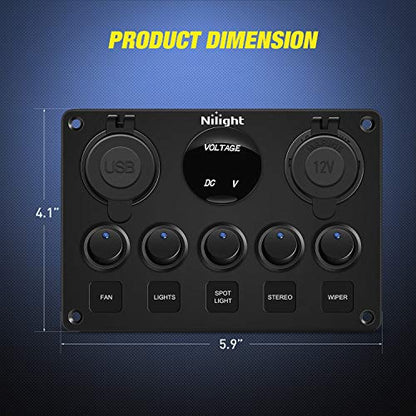5 Gang Multi Function Rocker Switch Panel On Off Toggle Blue (Blue)