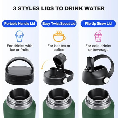 Water Bottle Wide Mouth Stainless Steel Vacuum Insulated Double Wall Keep Liquids Cold or Hot All Day (Dark Green / 40 Ounces)