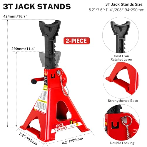 5 Piece Car Truck Floor Jack Service (Red - 2 Ton(Single Pump), Lift 3.3"-15.2" (Floor Jack+2 Jack Stands+Repair Kit+Wrench))