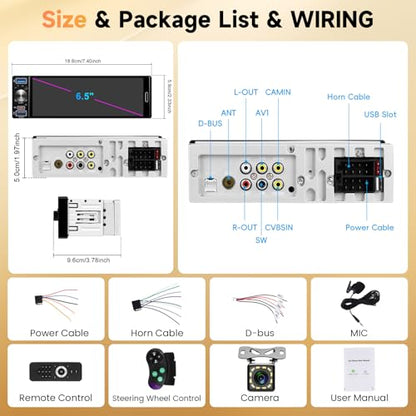 Single Din Stereo Receiver 6.5'' Touchscreen Wireless CarPlay Android Auto