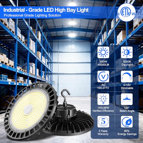 10 Pack 500W LED High Bay Light 70000LM ETL Listed Industrial Grade UFO Light Dimmable IP65 Waterproof 5000K Commercial Bay Lighting for Warehouse Garage Factory 110V 120V (Black)