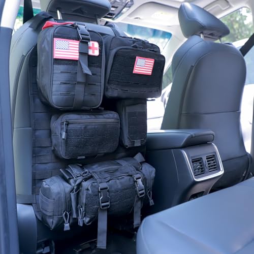Universal Tactical Seat Back Organizer Vehicle Molle Panel Organizer Storage Bag with 5 Detachable Molle Pouch for All Vehicel Such as Jeep (Upgraded-D-Black)