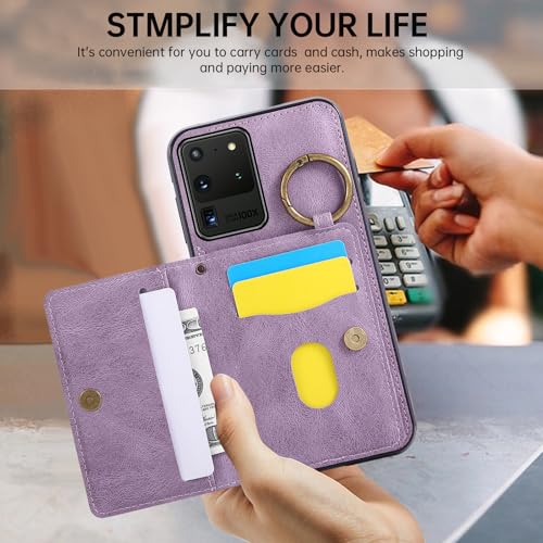 Compatible with Samsung Galaxy S20 Ultra 5G Wallet Case Screen Protector Crossbody Shoulder Strap Ring Buckle Stand Card Holder Magnetic Car Mount Phone Cover for S20ultra 20ultra G5 Women Men Purple (Purple / for S20 Ultra)