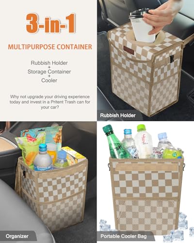 Car Trash Can with Lid Leakproof Car Garbage Bag Vehicle Trash Bin (2 Gallons / Khaki Checkered)