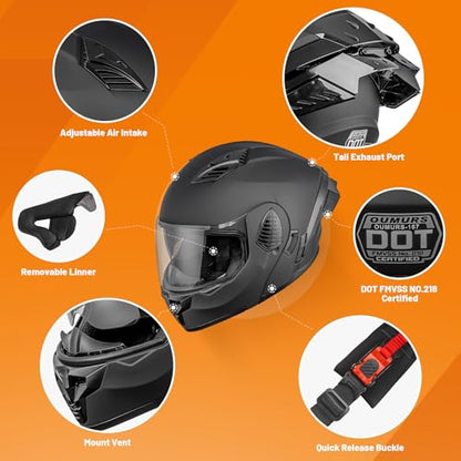 Modular Motorcycle Helmets Full Face Flip up Street Bike Motorcycle Helmet for Unisex Adult Model (Matte Black / Medium)