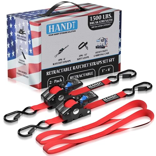 USA Based Retractable Ratchet Straps (1in x 6ft - 2 Pack / Red)