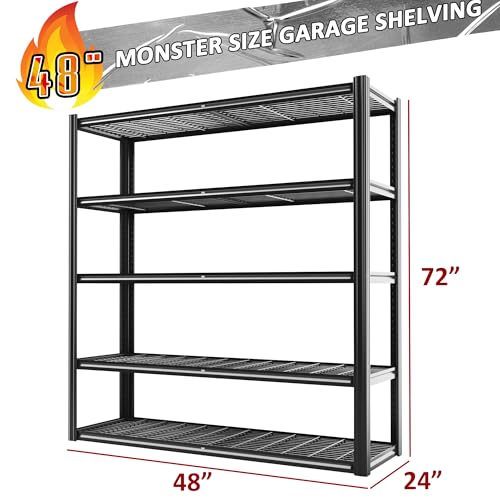 48" W Metal Garage Shelving 5 Tier Storage Shelves Heavy Duty 3030LBS (Black-hidden Hole / 48" W x 24" D x 72" H)