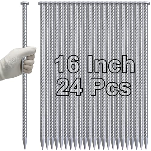 Rebar Stakes 16 Inch Galvanized Metal Steel Ground Spikes Heavy Duty (T-16 Inch-24 Pcs / T-16 Inch-Φ1/2"-Galvanized)