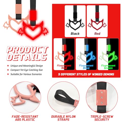 2 Pcs Devil Heart Shaped Car Handle Strap (Luminous Red-Wing)