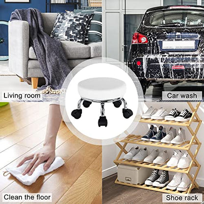 Modern Roller Seat PU Leather Low Round Rolling Stool 360° Swivel Small Seat with Universal Wheels Foot Stool for Home Office Garage Shop Fitness Sport H：8.6" （White） (White)