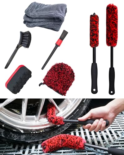 7PCS Car Wheel Rims Detail Cleaning PRO Wash Kit (7-Pack / Red/Black)
