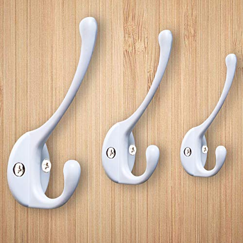 10 Pack Heavy Duty Dual Coat Hooks Wall Mounted with 20 Screws Retro Double Hooks Utility Black Hooks for Coat (White)