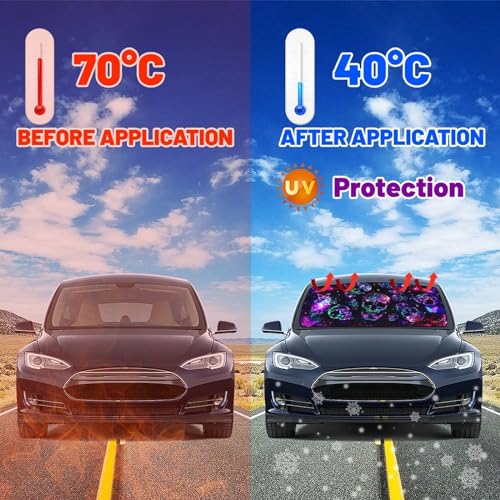 Neon Skull Butterflies Car Windshield Sunshade Umbrella Retractable Sun Shade for Car Upgraded Umbrella Front Window Sun Shade Cover UV Blocks Heat Insulation Sunshades (One Size / Style3)