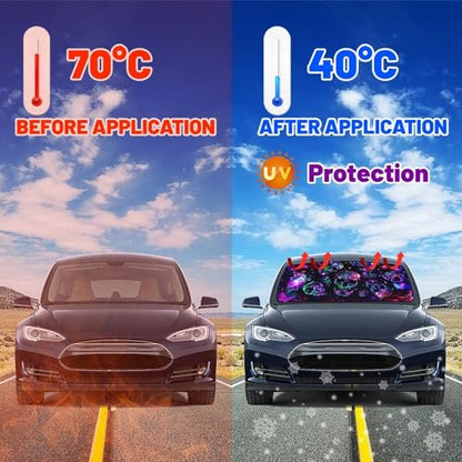 Neon Skull Butterflies Car Windshield Sunshade Umbrella Retractable Sun Shade for Car Upgraded Umbrella Front Window Sun Shade Cover UV Blocks Heat Insulation Sunshades (One Size / Style3)