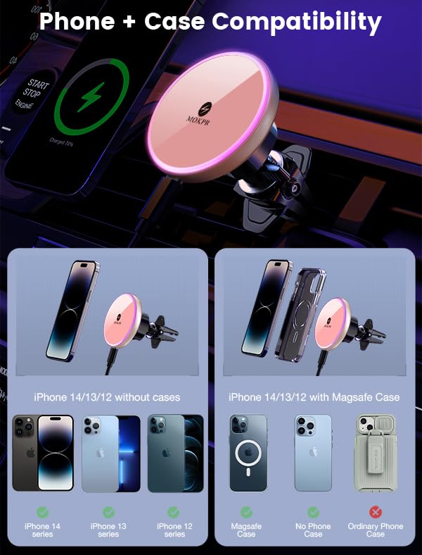 for Magsafe Car Mount Charger 15W LED RGB Car Phone Holder for Dash Vent (Pink)