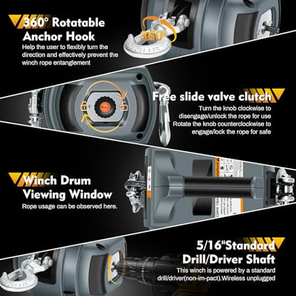 Portable Drill Winch of 1000 LB (1000 lb. Capacity Synthetic Rope（Grey）)