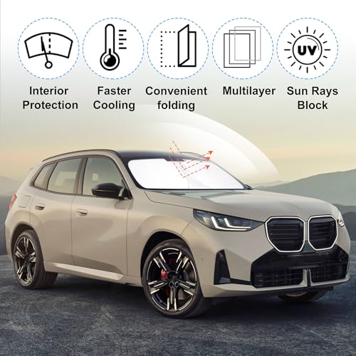 Sun Shade for BMW X3 2025 2026 Accessories Windshield Sun Shade Window Shade UV Rays Protection Sun Visor Cover with Steering Wheel Sunshade Storage Bag (Windshield Sunshade for BMW X3 2025 2026)