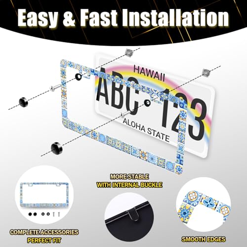 Stainless Steel Blue White Mexican Tiles License Plate Frame 12.2 x 6.2Inch (White and Blue Mexican Tiles)