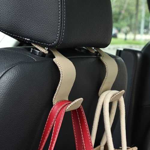 4 Pack Car Headrest Hooks Holds 55lbs Seat Storage Organizer for Bags (Leather Beige)