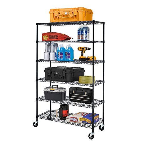 6 Tier Wire Shelf with Wheels (Black / 18"D x 48"W x 77"H)